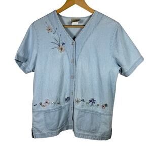 VTG 90s Cottage Floral Embroidered Cropped Boxy  Large Cotton Button Down